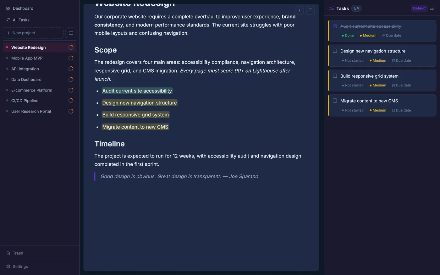 A Q.Shift document with project tasks highlighted directly in the text, and the matching task panel beside it