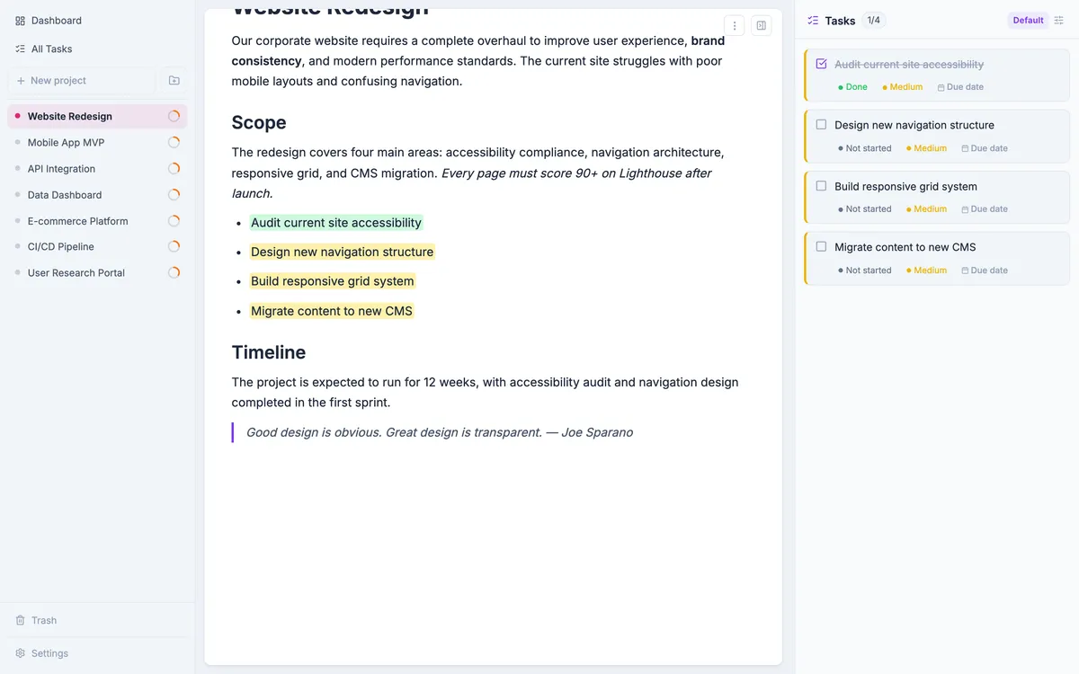 The Q.Shift editor with headings, lists and tasks highlighted inline in a document
