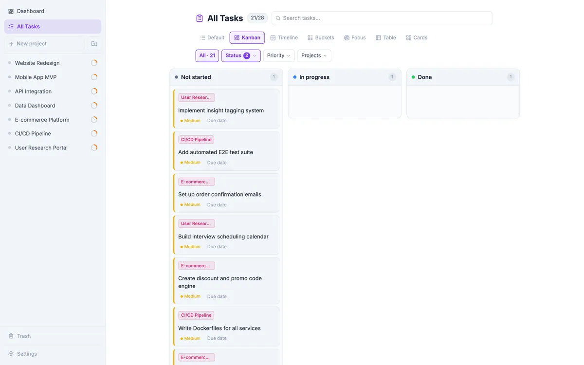 Q.Shift Kanban board with tasks grouped by status across project columns